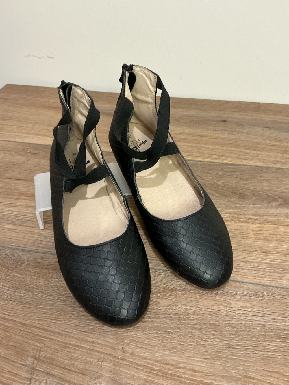 Monkey Feet Black Textured Ankle-Strap Flats
